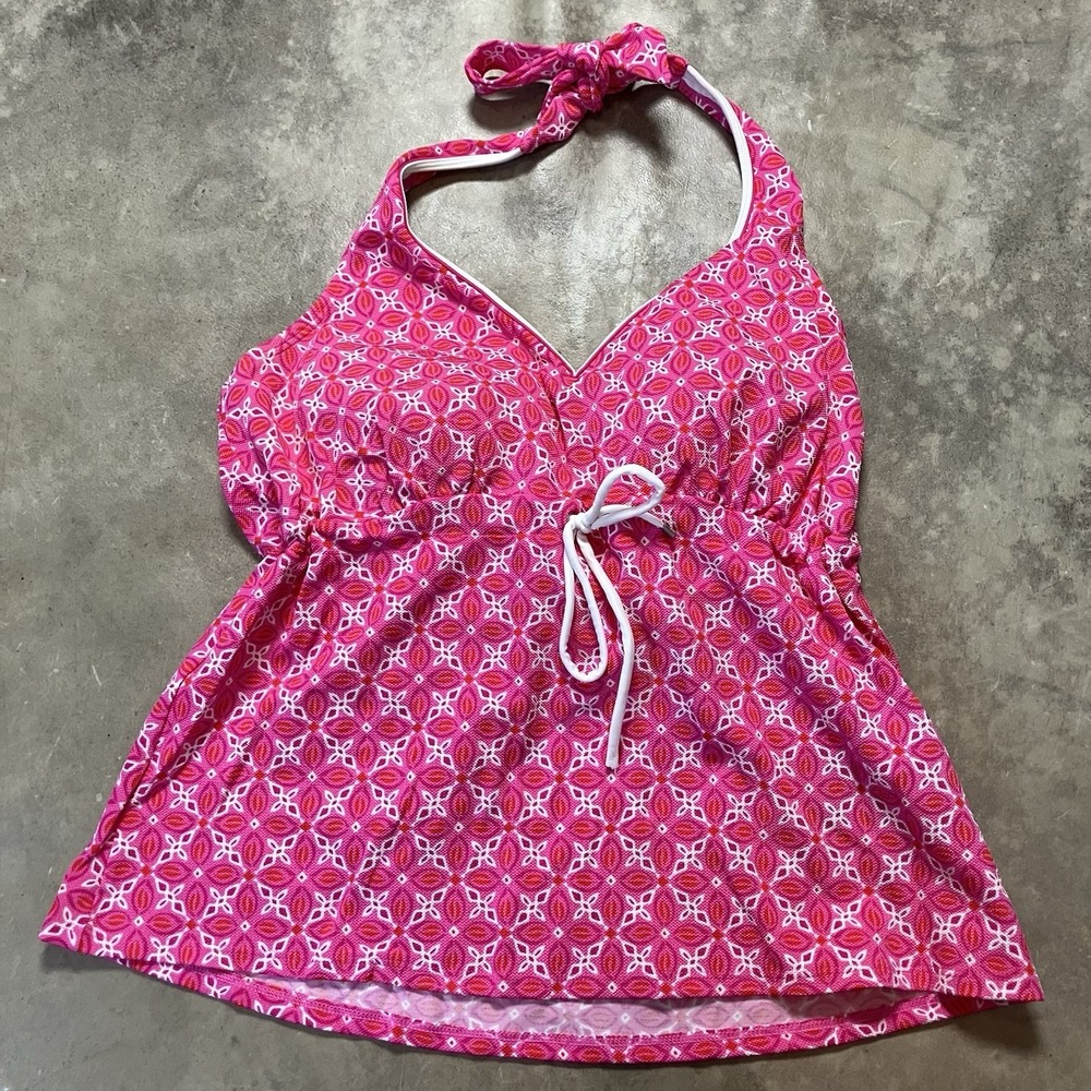 LANDS' END Swimwear Top Plus Size 18 Bright Pink Batik V-Neck Halter Tankini‎
